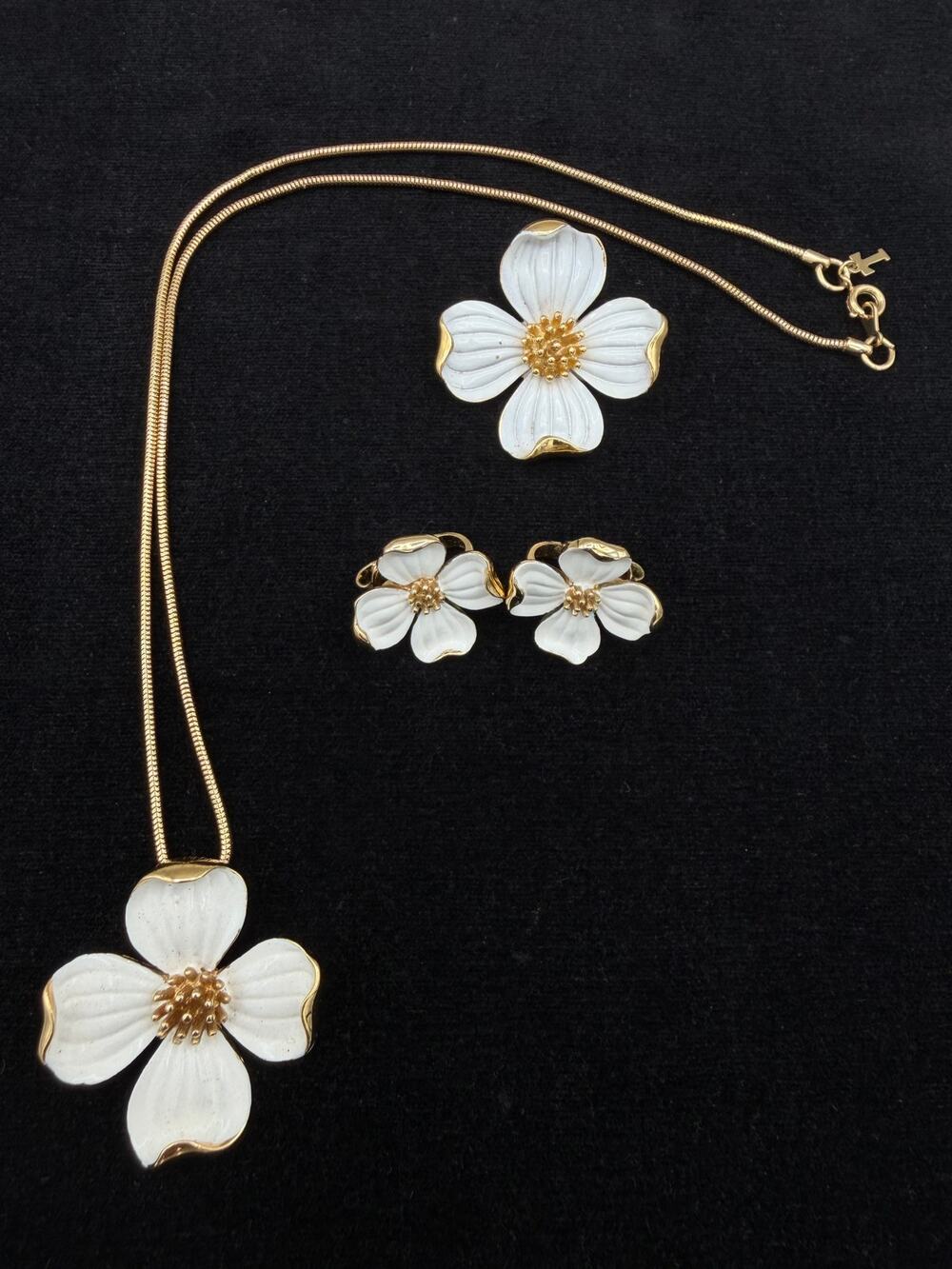 Vintage Crown Trifari White Enamel Dogwood Jewelry Set - Necklace, Pin, Earrings